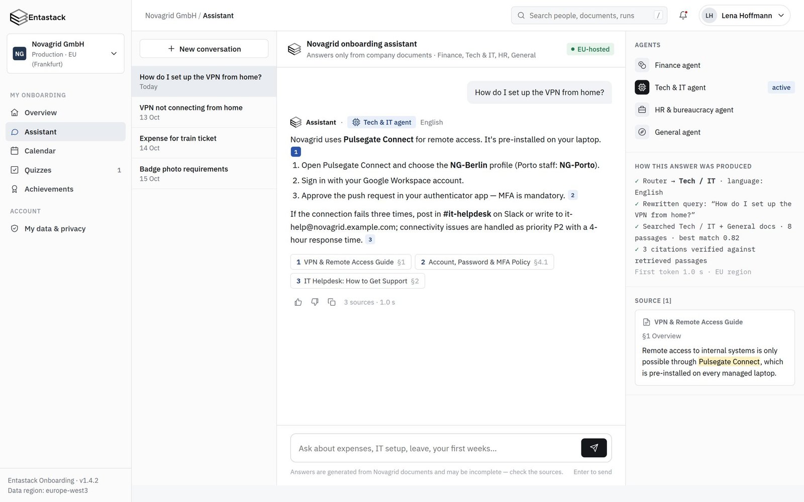Assistant answering a VPN question with numbered citations and the cited source passage